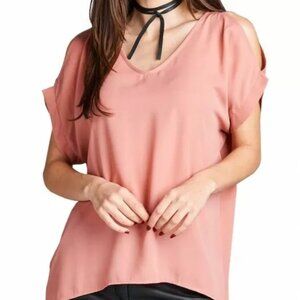 Active USA Women's MEDIUM Cold Shoulder ROSE/PINK Lightweight Chiffon Blouse Top